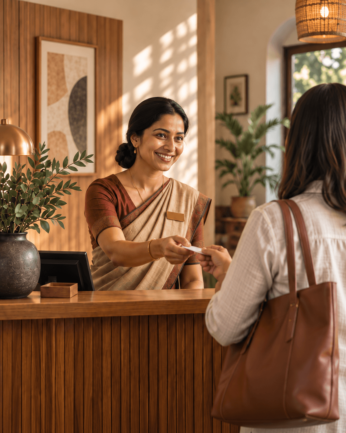 A smiling hotel receptionist in a saree handing a room key card to an arriving guest at a warm, wood-paneled front desk